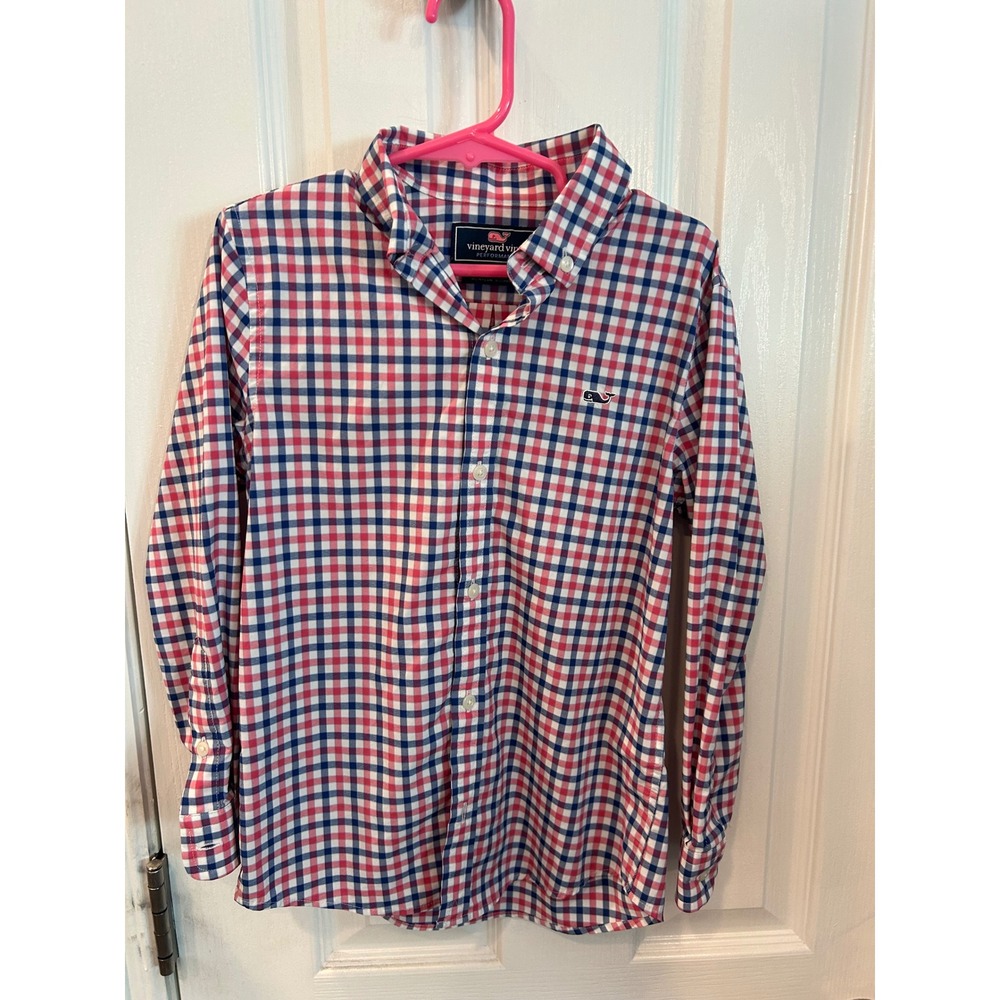 Vineyard Vines Button Down Red White Blue Gingham Performance Whale Shirt Kids 6